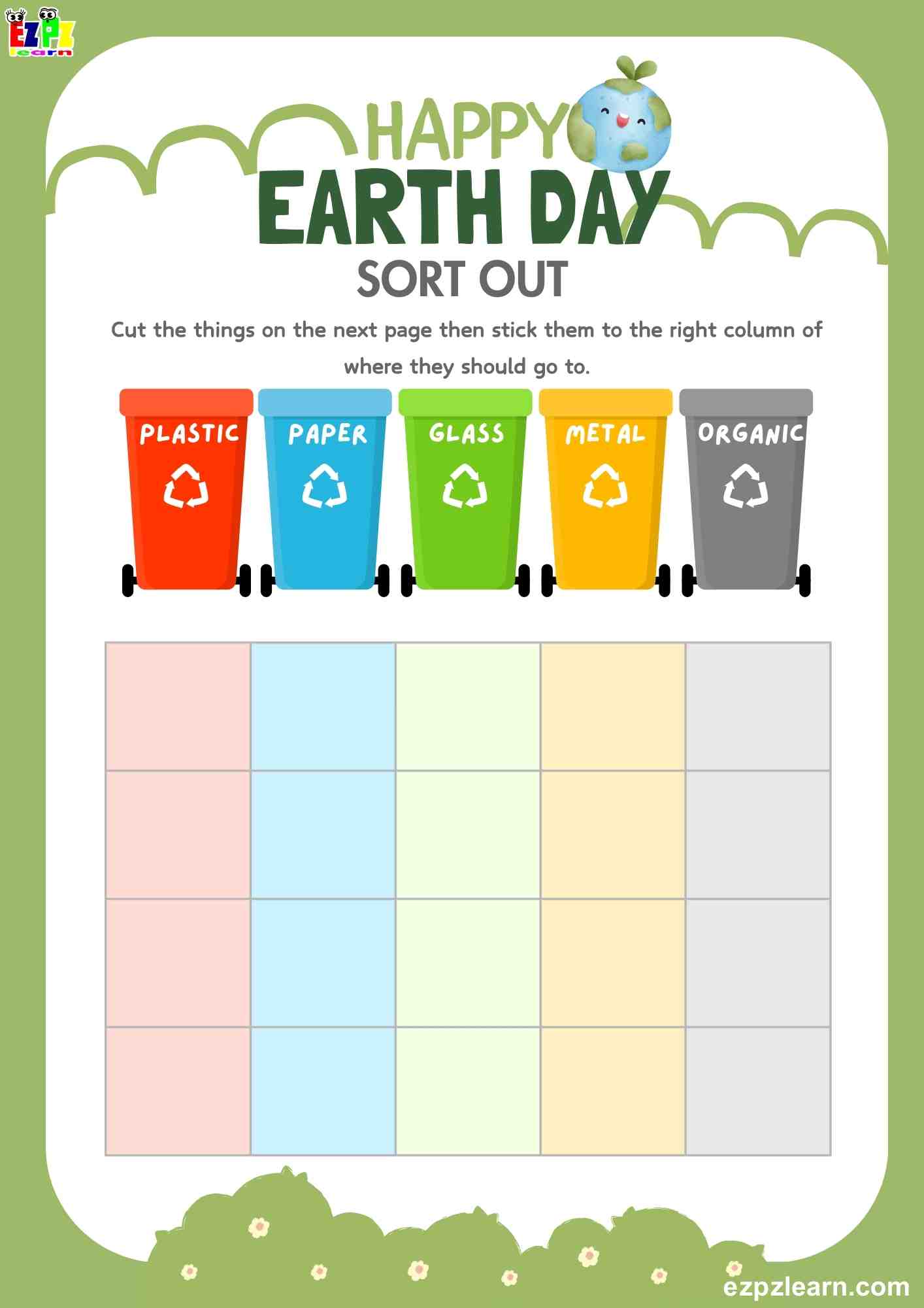 Happy earth day reduce, reuse and recycle sorting activity for kids. free  printable pdf - ezpzlearn.com